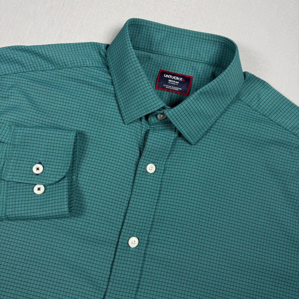 UNTUCKit Langhorne Relaxed Fit Shirt Mens M Teal Green Grid 41698 Long Sleeve